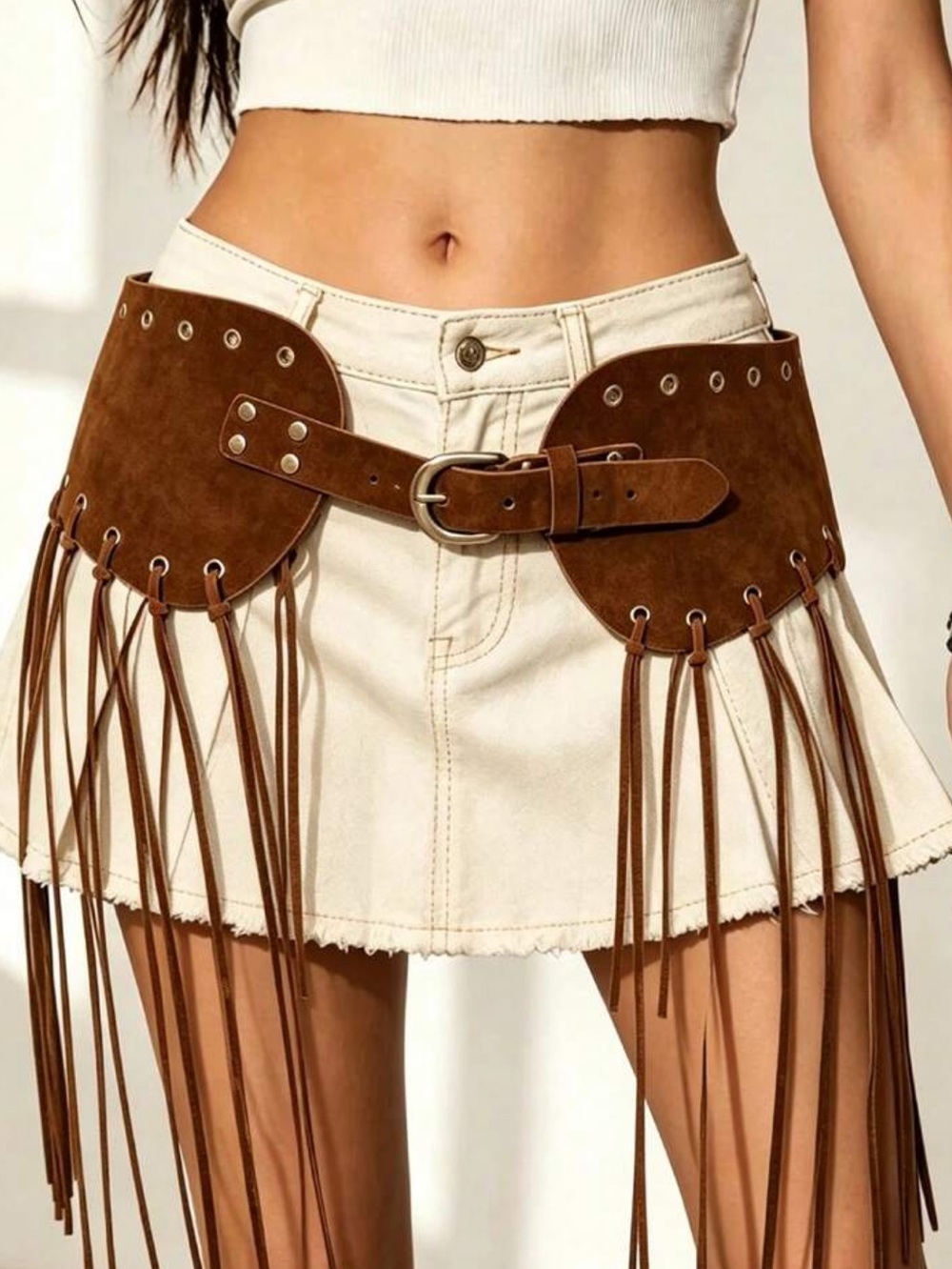 Fringe Suede Waist Belt - Brown